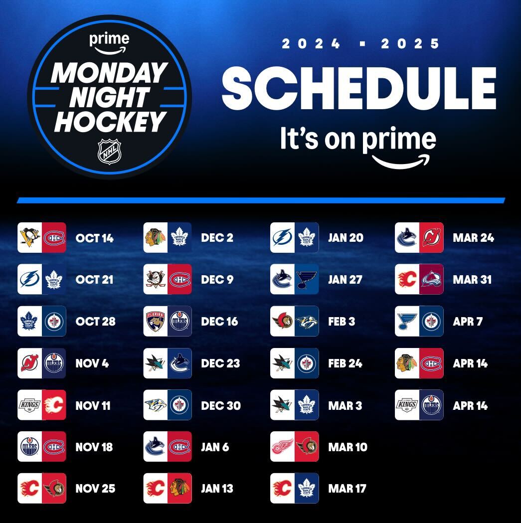 NHL and Prime Video Canada reveal 2024-25 Monday night game schedule - How Can I Watch Hockey On My Phone