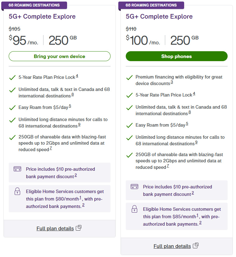 Telus 5G+ Complete Explore plans.